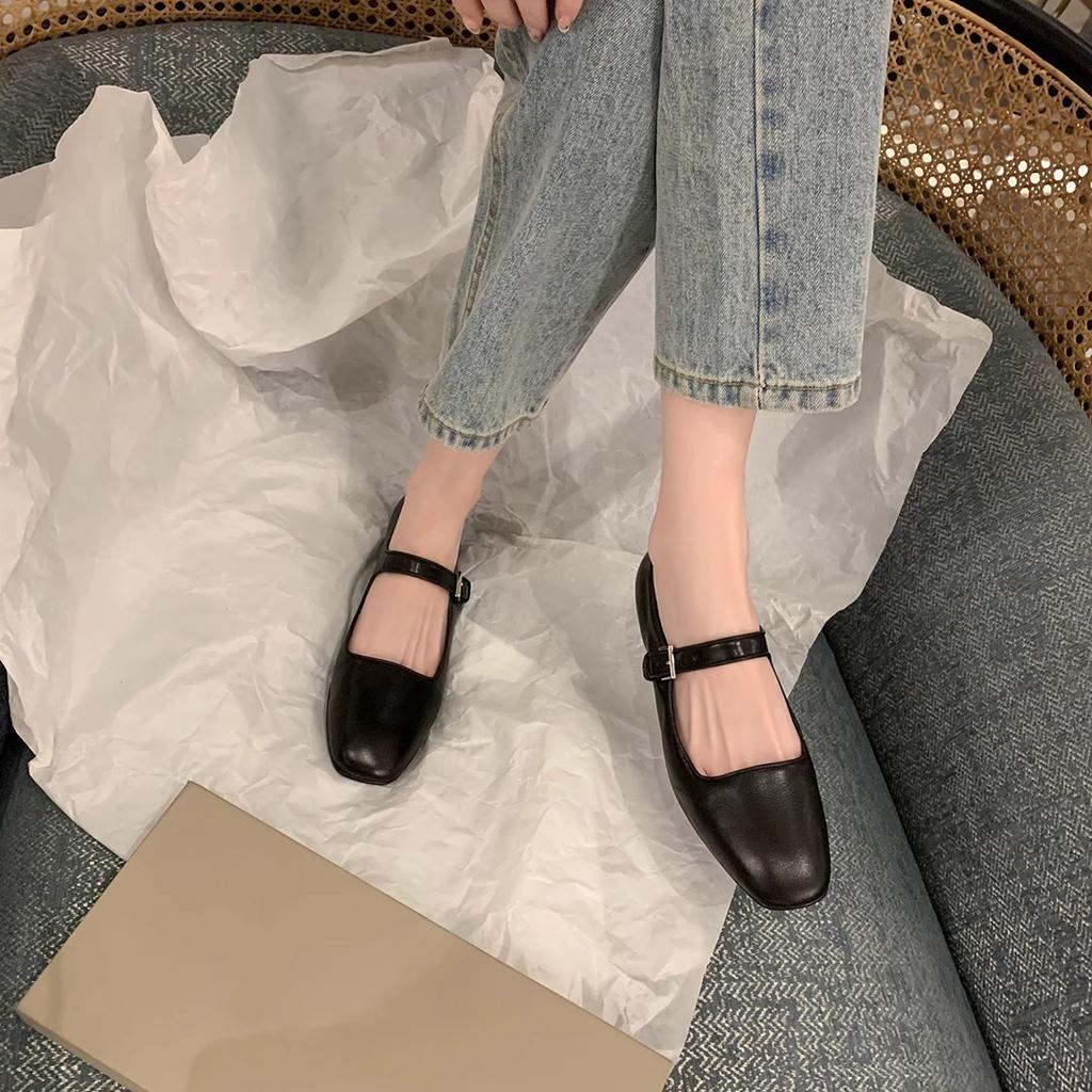 Su Yinyin's gleiche retro vielseitige quadratische Leder-Einspangen-Ballerinas für Damen, Frühling und Herbst kleine Lederschuhe