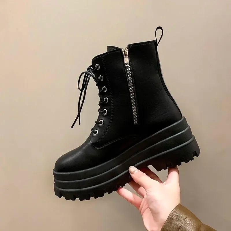Fashion 2026New Boots for Women Fashion Thick Sole High Heel Boots Lace Up Platform Boot Side Zip Ankle Boot Classic Black Leather Botas