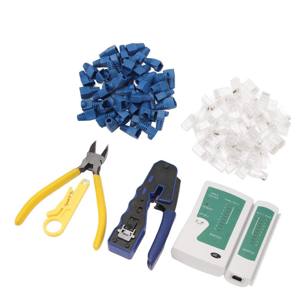 Netzwerkkabeltester RJ45 Crimpzange Crimpwerkzeug-Kit Abisolierwerkzeug mit 50 Stück Pass-Through
