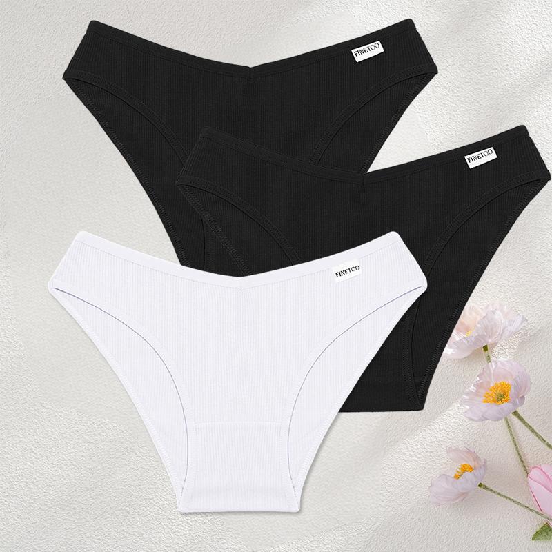 FINETOO 3Pcs/Set Sexy Low Waist Cotton Panties M-3XL Ribbed Breathable Briefs Underwear for Women Gym Fitness Casual Lingerie