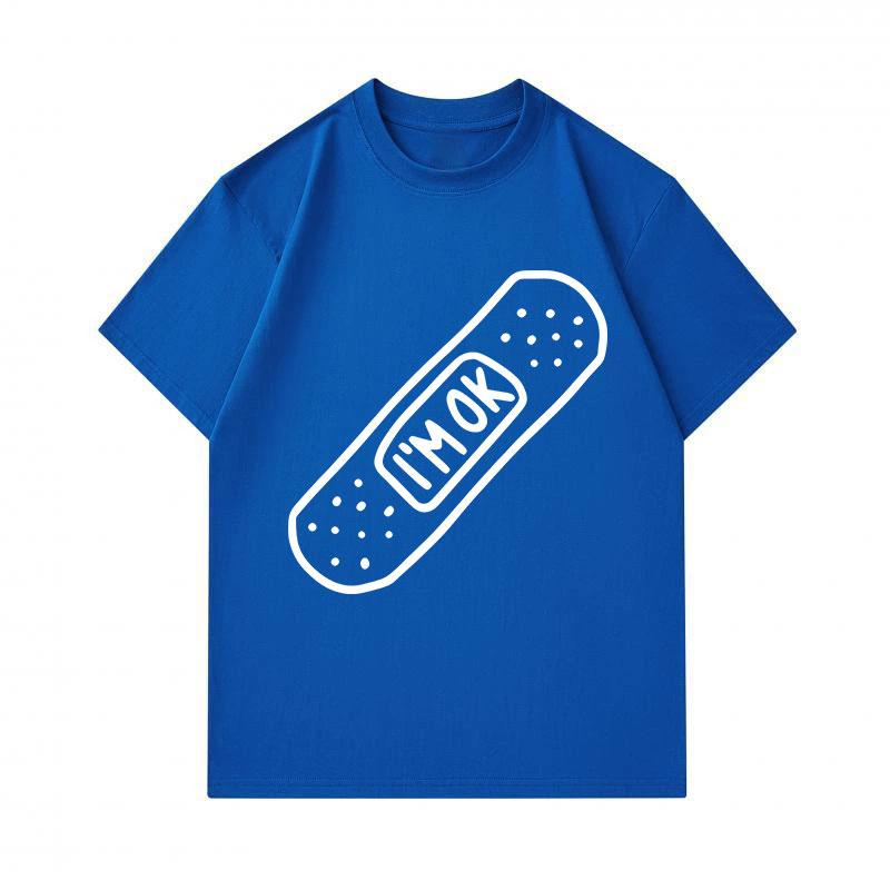 Men's 100% Cotton Crew Neck Short Sleeve T-Shirt, Casual I'm OK Bandage Printed Soft Breathable Lightweight Tee, Comfortable Daily Wear Summer Top for
