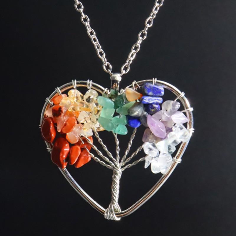 7-Color Natural Stone Money Tree Pendant Necklace - Handmade Wire-Wrapped Crystal Gravel Life Tree Ornament (N02)