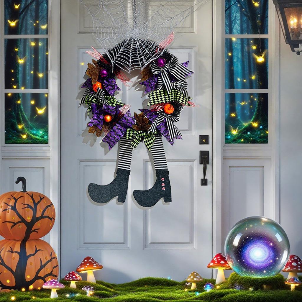 Halloween Wreath Long Legged Wicked Witch Front Door Window Garlands Decor Hat Leg Mesh Halloween Decorations Wall Hanging Penda
