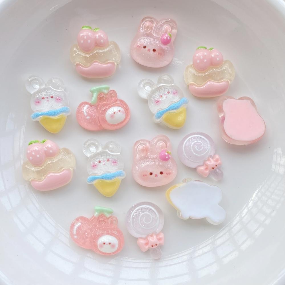 20Pcs New Cute Resin Cartoon Rabbits, Ice Cream, Lollipops  Flat Back Ornament Jewelry Making Manicure Hairwear