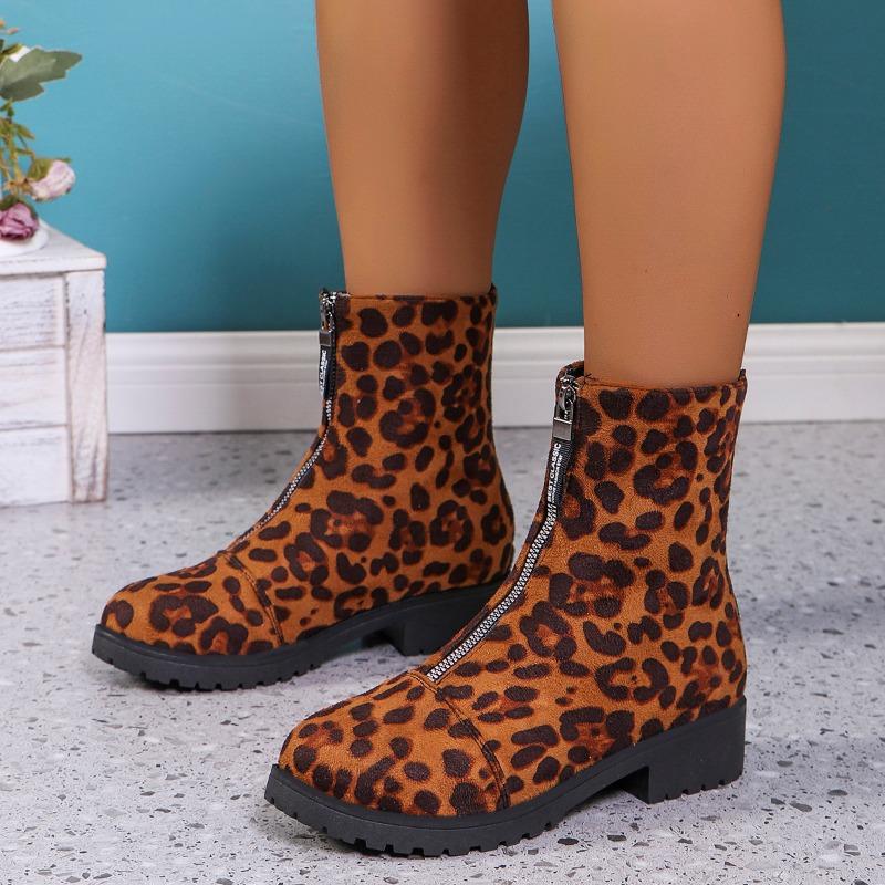 Leopard Print Women Ankle Boots Platform Suede Shoes  Trend Winter Snow Boots Chunky Heels Fur Warm Sneaker Zip Botas Mujer