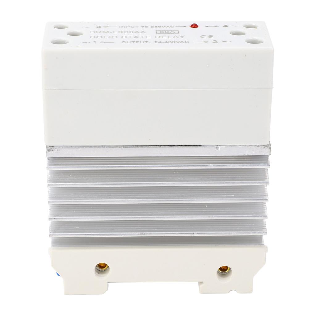 Single Phase SSR Module, 60A   State Relay, 70-280V AC to 24-480V AC, with Heat Sink for Standard 35mm Rail Mounting Design, Moisture Resistance