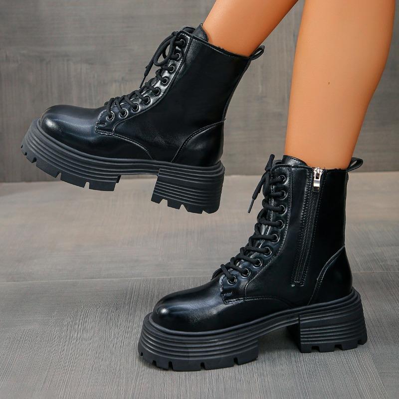 Fashion British Style Autumn Platform Shoes for Women Fashion Lace Up Round Toe Ankle Boots for Women Chunky Heel Ladies Short Boots
