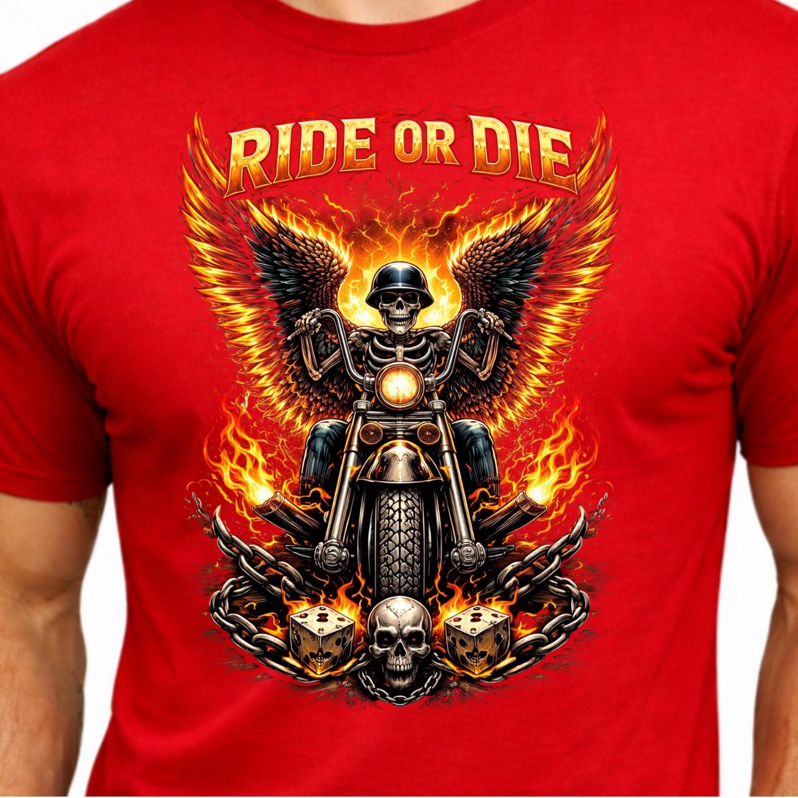 Ride or Die Skeleton Motorcycle Flaming Wings Skull Chains Biker Graphic T-Shirt XXXXL