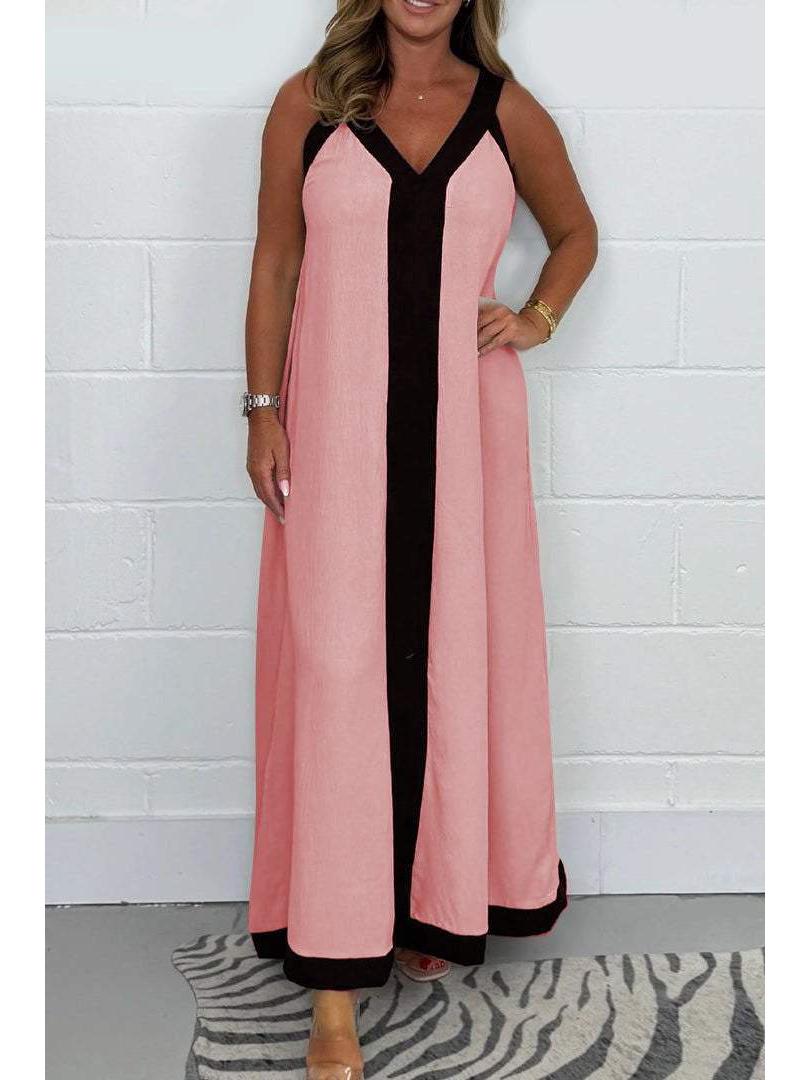 

2024 Модное контрастное цветное V-образное платье без рукавов, длинное, свободное, женское 3XL