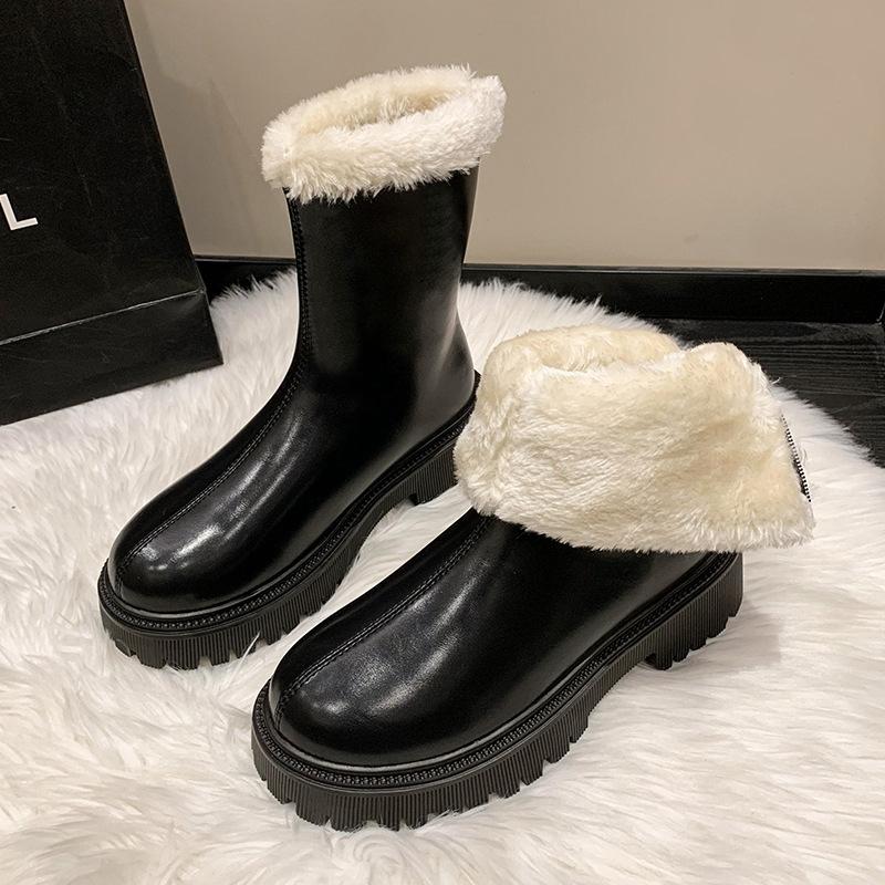 

2025 winter foreign trade velvet thickened medium and long thick-soled warm leather boots solid color rear zipper large size women s boots 38