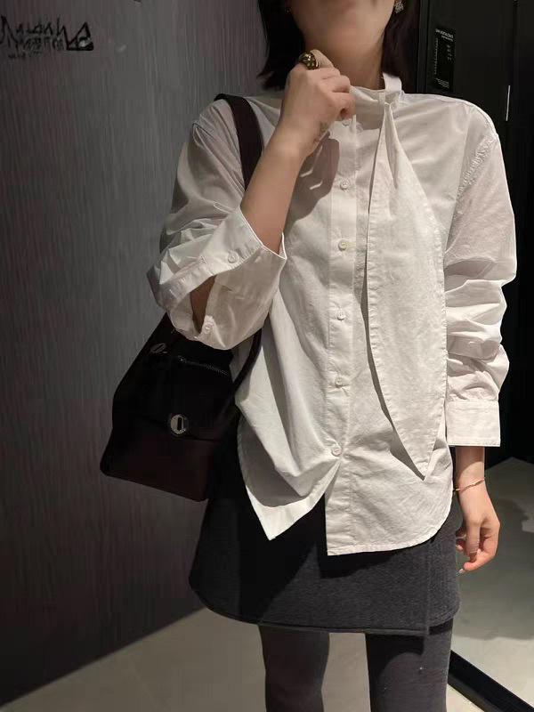 Women s Korean Style Flowing Collar Tie Shirt - Spring Loose Fit One Size (40-70kg) белый