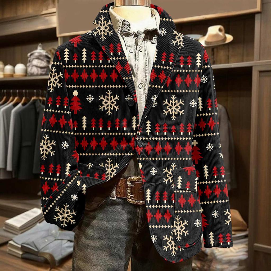 Herren Bedruckter Cord Warmes Taschen-Sakko Strickjacke Herren Freizeitanzug