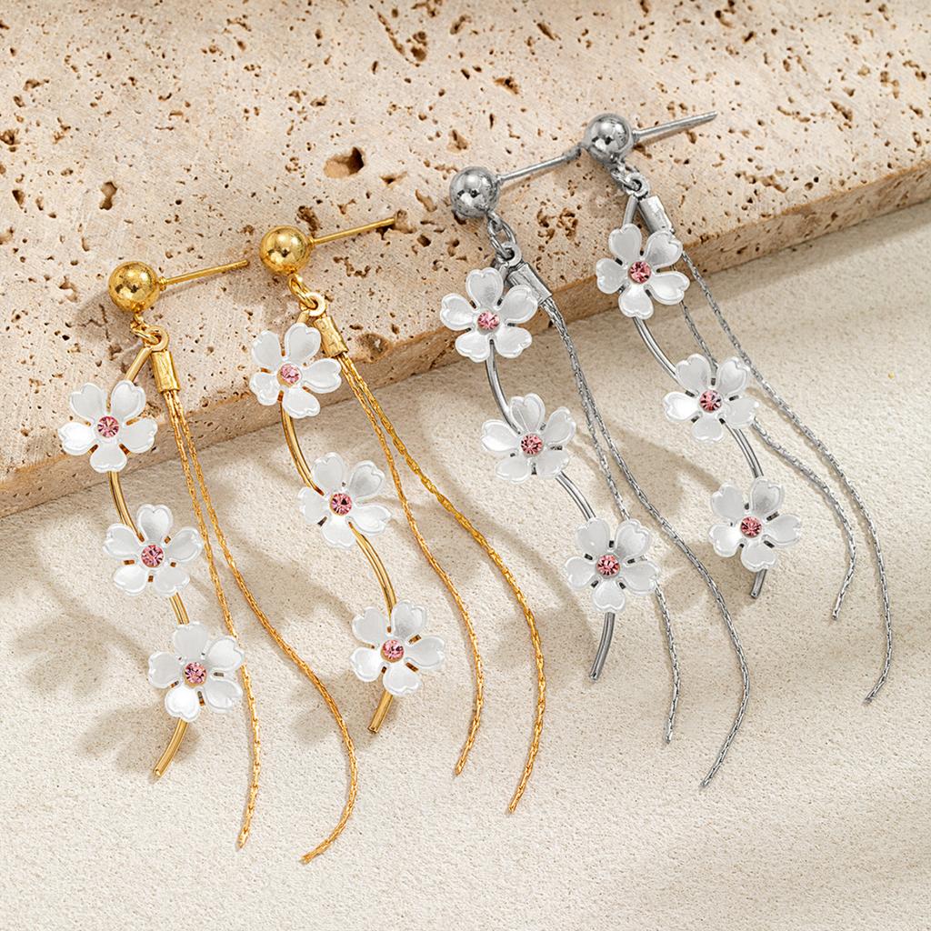 Floral Dangle Earrings with Long Tassels Lightweight Metal Alloy Stud Earrings for Women Elegant Design Fashion Jewelry Accessories