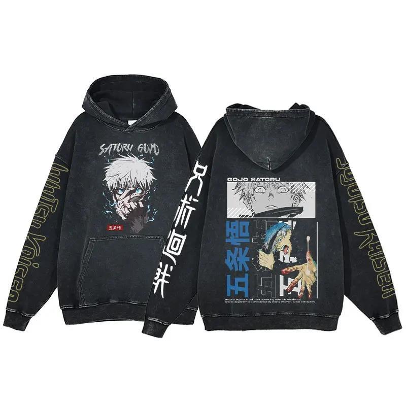 Anime Jujutsu Kaisen Ryomen Sukuna Print Washed Hooded Men Manga Vintage Hoodies Casual Cotton Streetwear Harajuku Sweatshirt