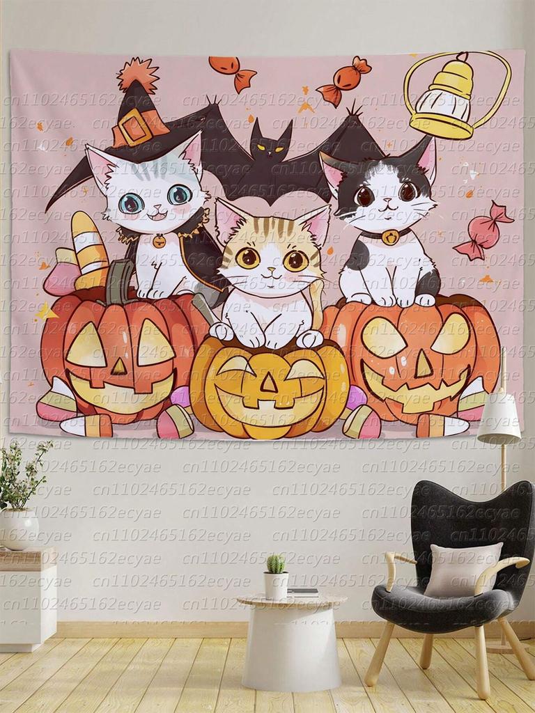 1pc Halloween Pumpkin Cat Print Tapestry Home Decor Wall Hanging Room Decor Wall Arts Flag For Room Wall Tapestry