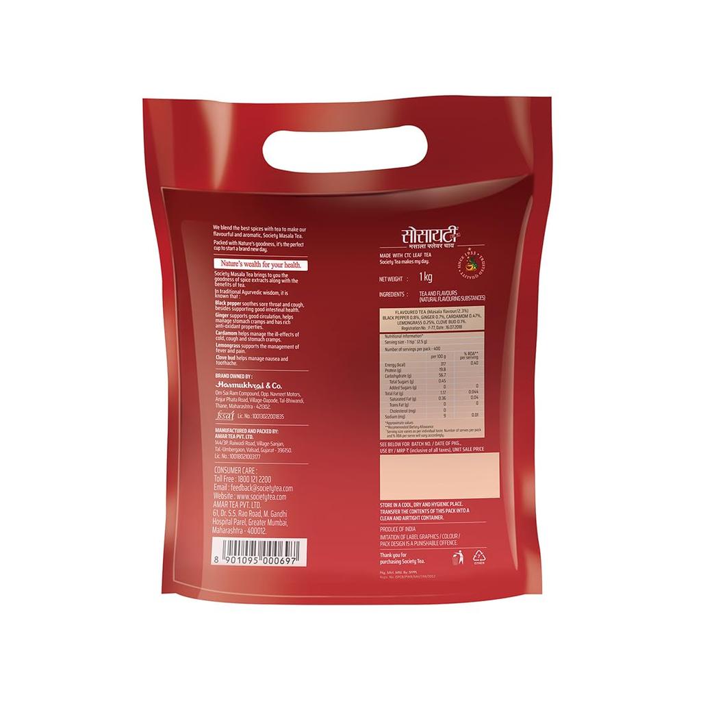 Society Tea Masala Chai | Verpakking van 1 kg | 1 Pak | Gemaakt met Kardemom Gember Kruidnagel Zwarte Peper en Citroengras | Klassieke Masala Thee