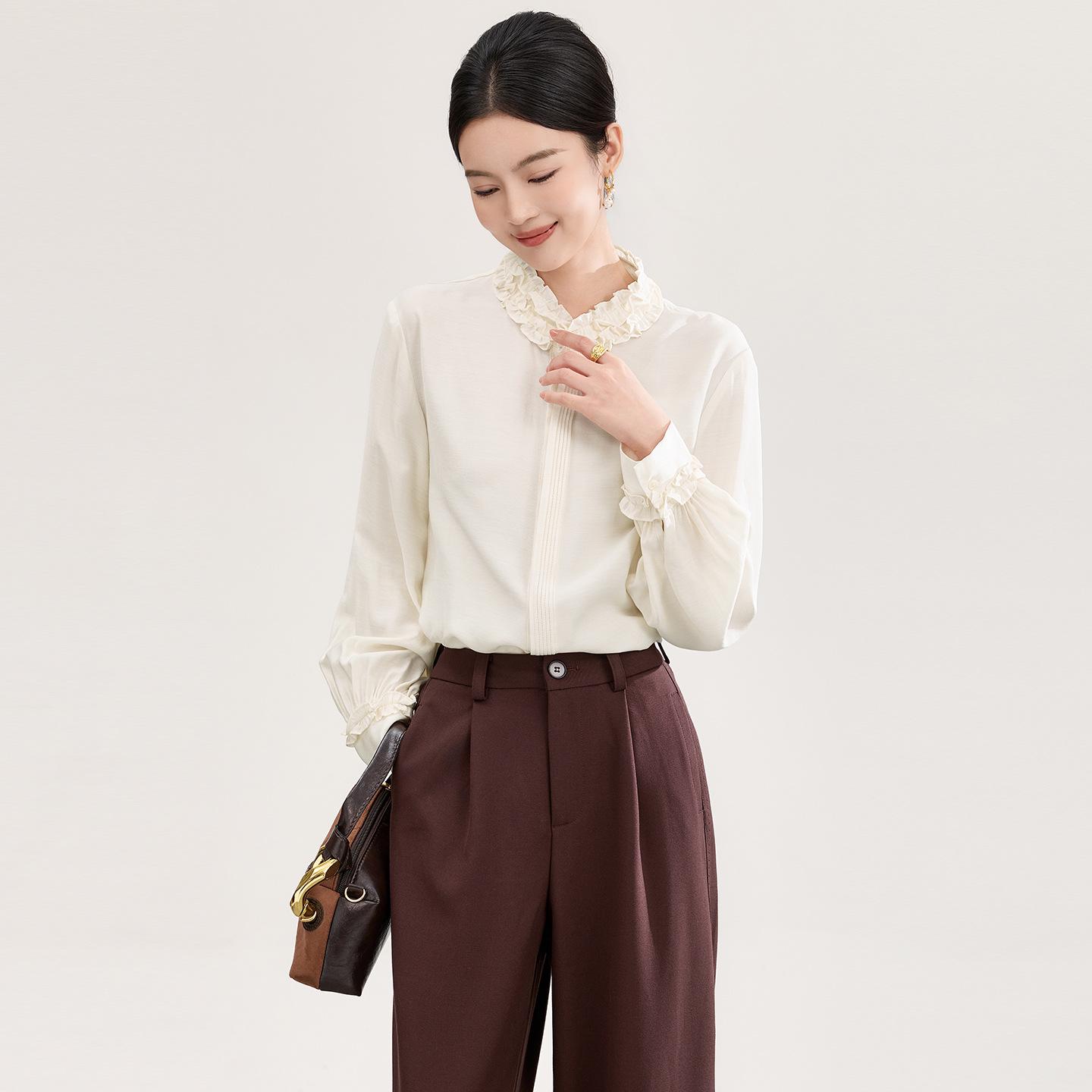 Nanyou Fine-Spun Tencel Wool Blouse with French Niche Wood Ear Trim - Women s Spring Style L бежевый