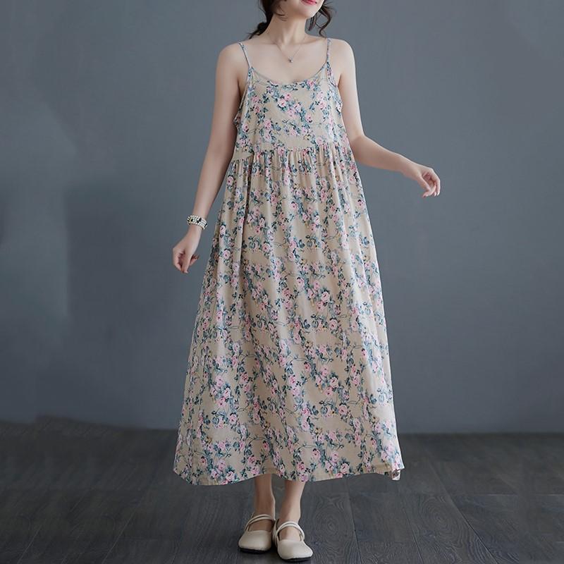 

Хлопок без рукавов на бретельках больших размеров, новые винтажные платья с цветочным принтом для женщин, повседневное свободное длинное летнее платье L абрикосовый