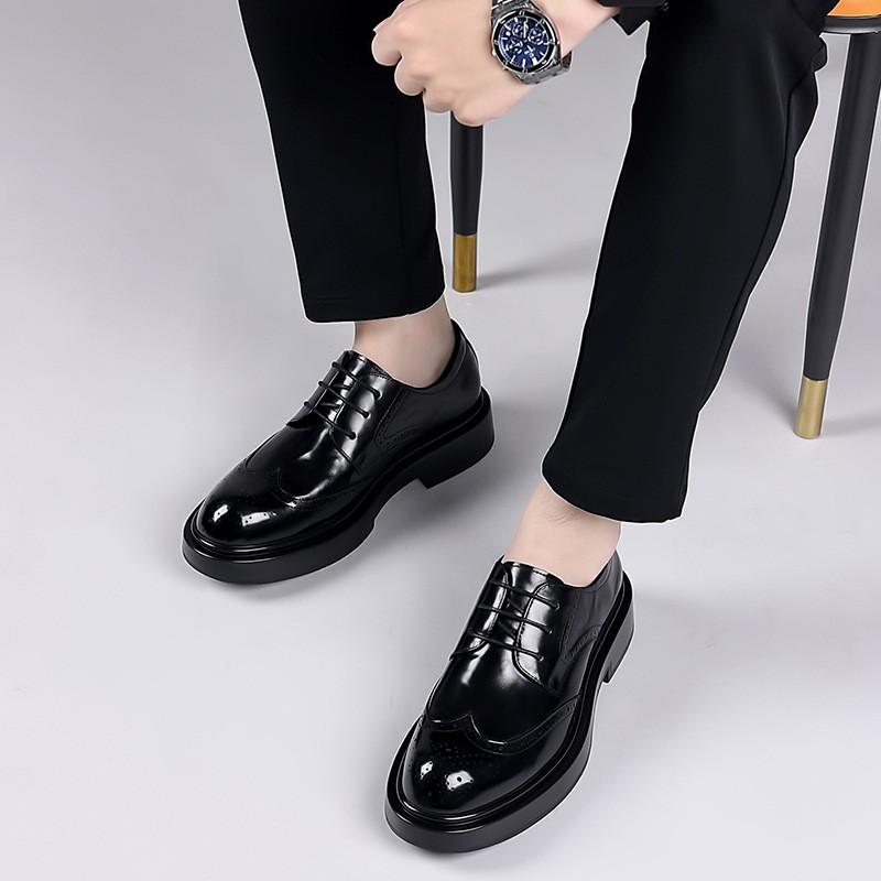 Mens Genuine Leather Oxford Shoes Round Toe Brogue Business Dress Comfortable Thick Sole Rubber