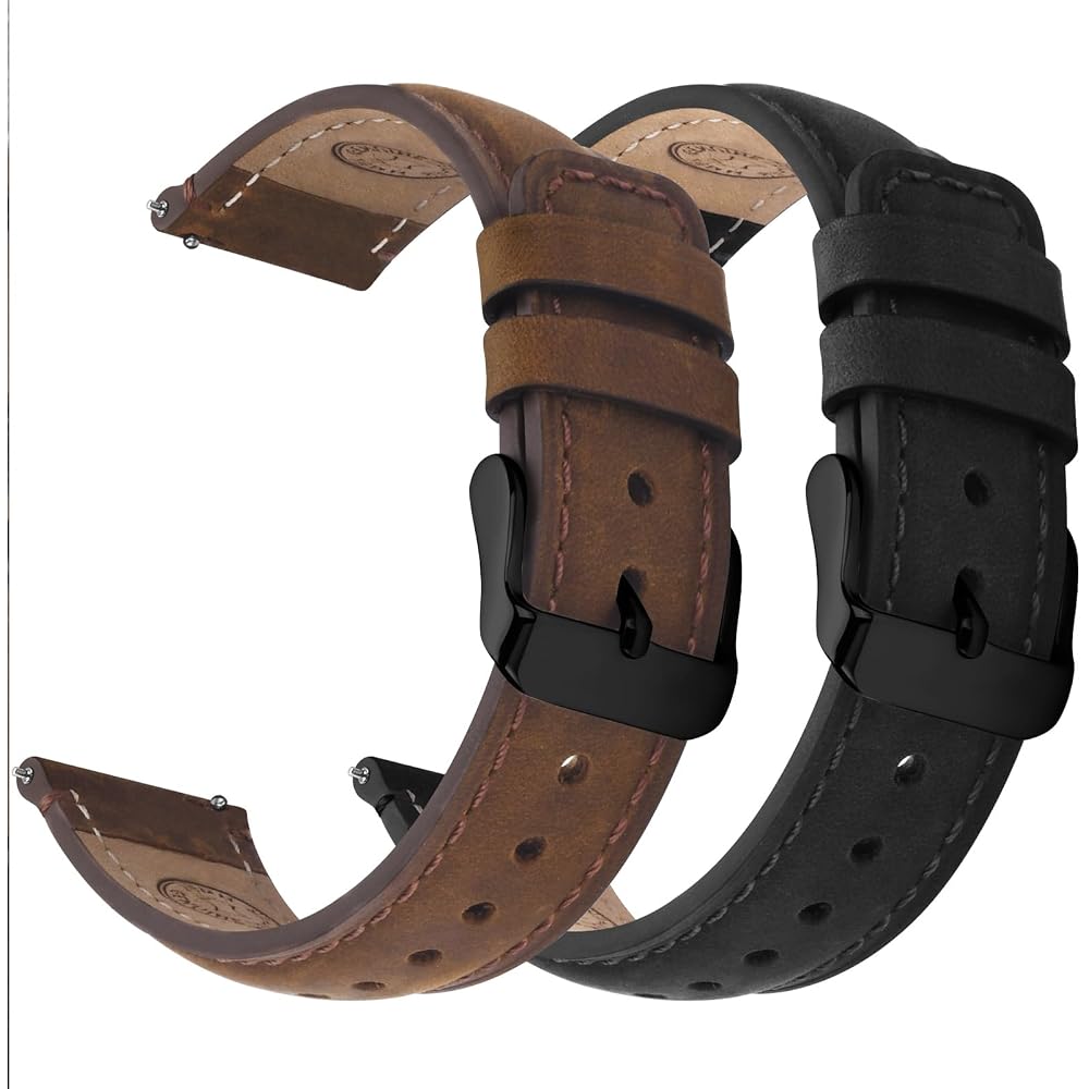 [Pack of 2] Smart Watch Strap Genuine Leather 20mm Leather Strap Replacement Watch Band Quick Rel...