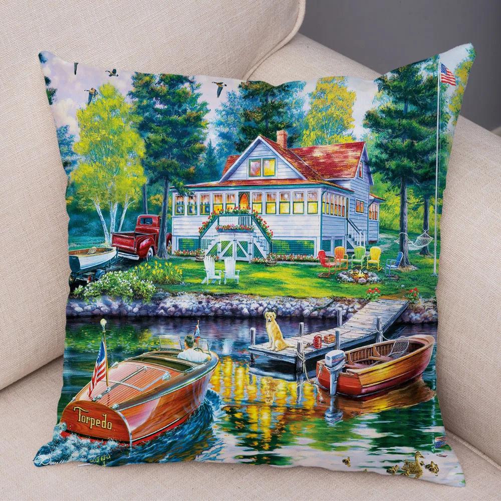 Vintage Colorful Style Coconut Tree Pillow Cover Country House Landscape  Sofa Car Office Cushion  Home Decor