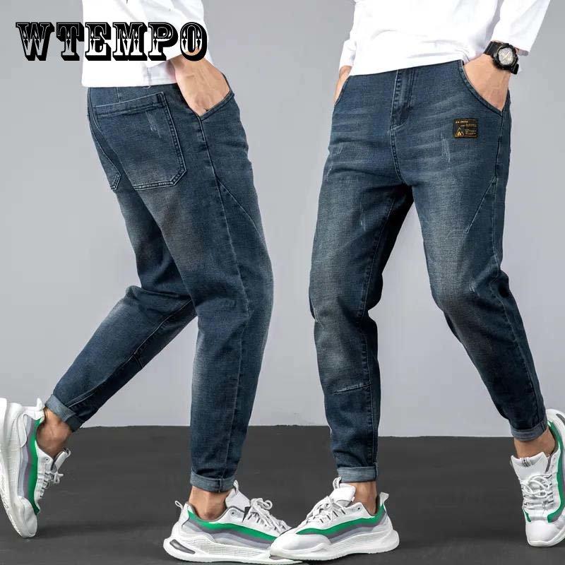 

Мужские джинсовые брюки-шаровары с девятью точками, весенние тенденции, повседневные студенческие свободные брюки большого размера, маленькие брюки