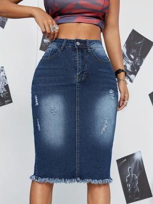 Damen Bodycon Midirock mit Rissen - Denimrock mit rohem Saum