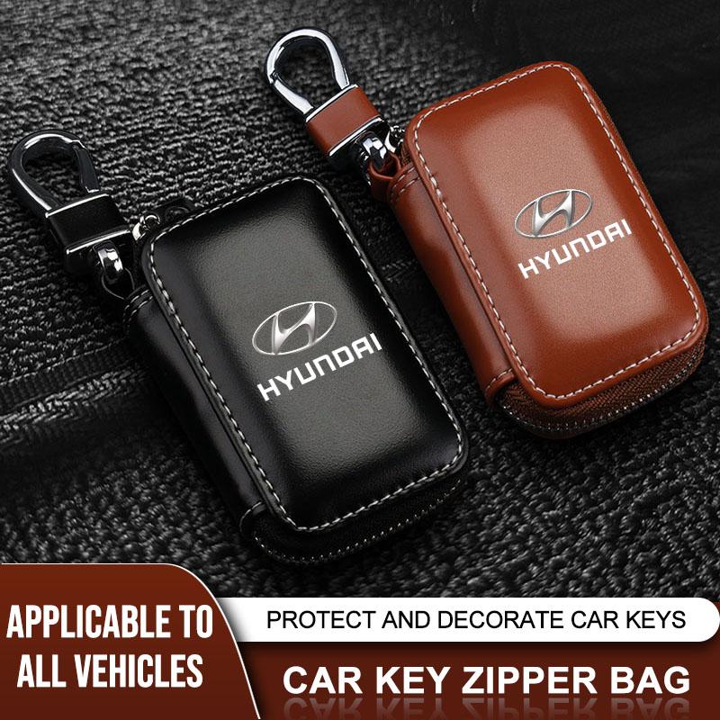 1Pcs Leather Emblem Car Key Case Keychain Zipper Key Case Bag For Hyundai Tucson 2021 Accent I10 I20 Kona Getz Solaris I30 Creta