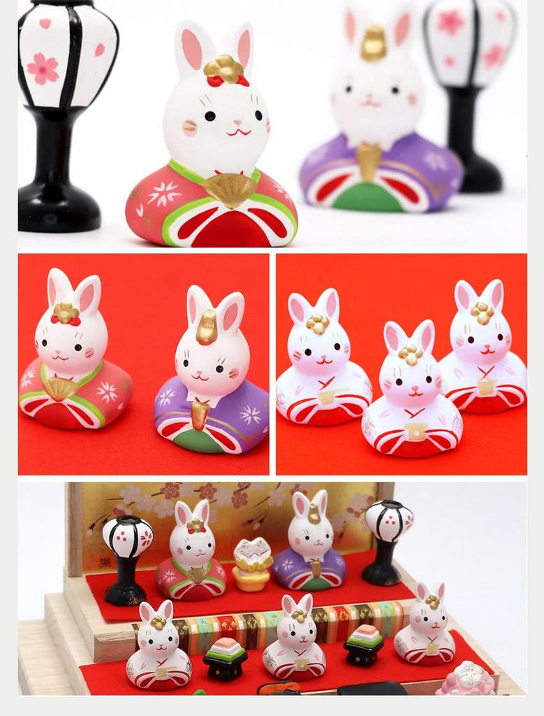 Osaka Choseido Original Compact Mini Hina Doll with Personalized Wooden Tag (Sent Separately) Ceramic Rabbit Flat Display with Felt (White Wood Base)