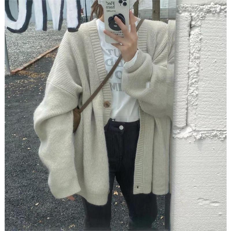 

Soft waxy pit strip knitted cardigan women s clothing autumn and winter new models with lazy wind v-neck sweater jacket One Size