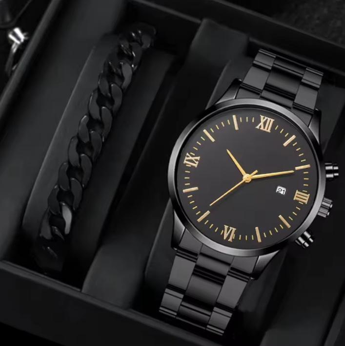 Popular Men'S Black Minimalist Watch Set Trendy Roman Numerals Fashion Quartz Watch Jewelry 4-Piece Set