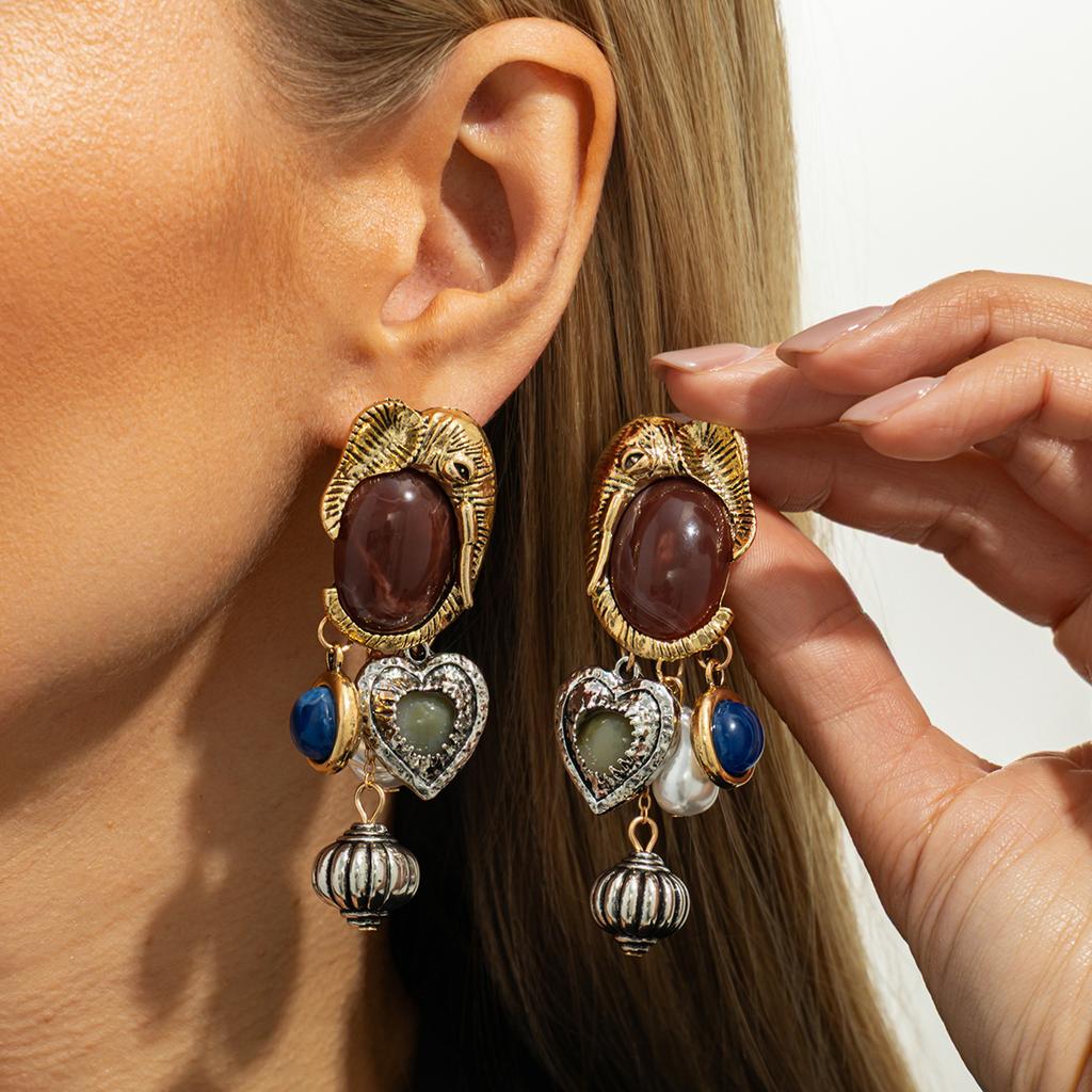 Bohemian Ethnic Style Flower Pendant Stud Earrings Female, Vintage Geometric Resin Imitation Gemstone Earrings