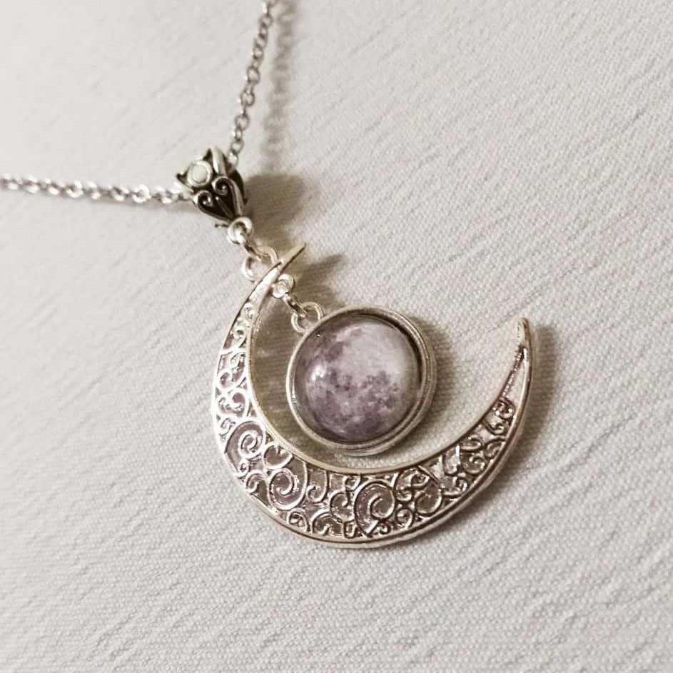 New Moon Necklace and Little Full Moon Crystal Gemstone Crystal Sun Moon Pendant Handmade Jewelry