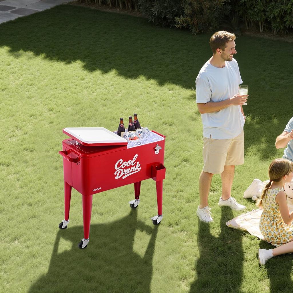 75.71 L Rolling Ice Chest, Holds Up To 50 Bottles / 110 Cans, Portable Patio Party Bar Drink Cooler Cart with 4 Swivel Casters (2 with Brakes),