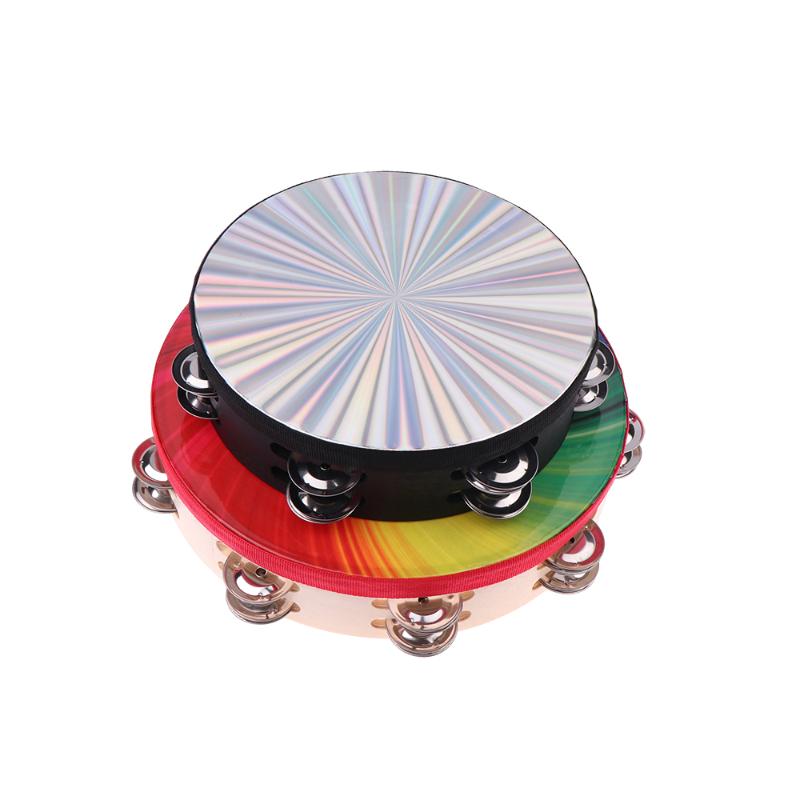 8/10 In Wooden Tambourine Handbell Hand Drum W/ Double Row Jingles Laser/Rainbow Drum Head Musical Percussion Instrument
