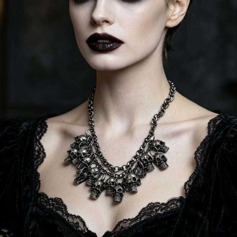 Punk Halloween Skull Necklace Statement Chain Jewelry with Front Drape and Alloy Finish for Concert and Party Outfits Daily