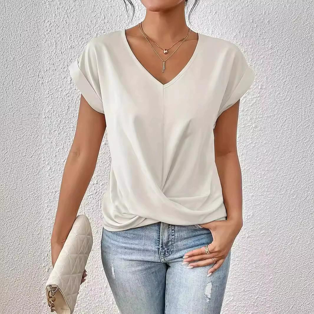 

Женский элегантный однотонный топ с V-образным вырезом и короткими рукавами, женская простая плиссированная футболка, летние повседневные рубашки на каждый день XS белый