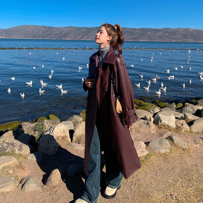 

Бордовый ретро-тренч из искусственной кожи, женское среднее и длинное весеннее пальто XL