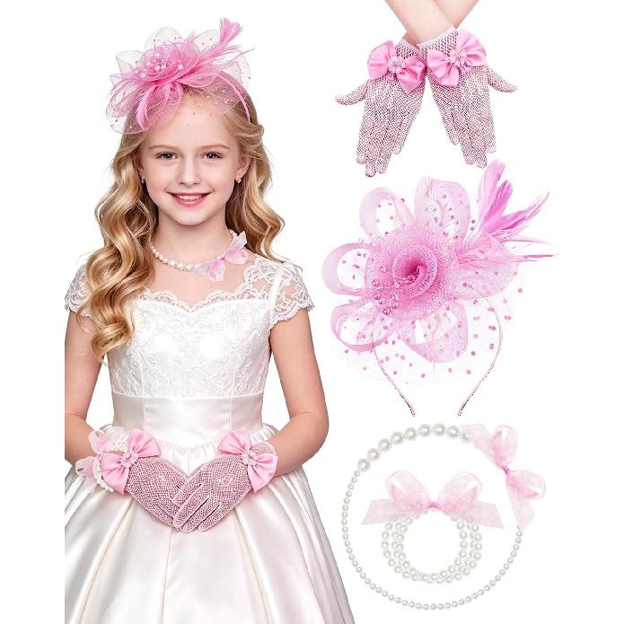 Girls Tea Party Fascinators Hats Lace Gloves Pearl Necklace Set for Wedding 1920s Tea Party Accessories