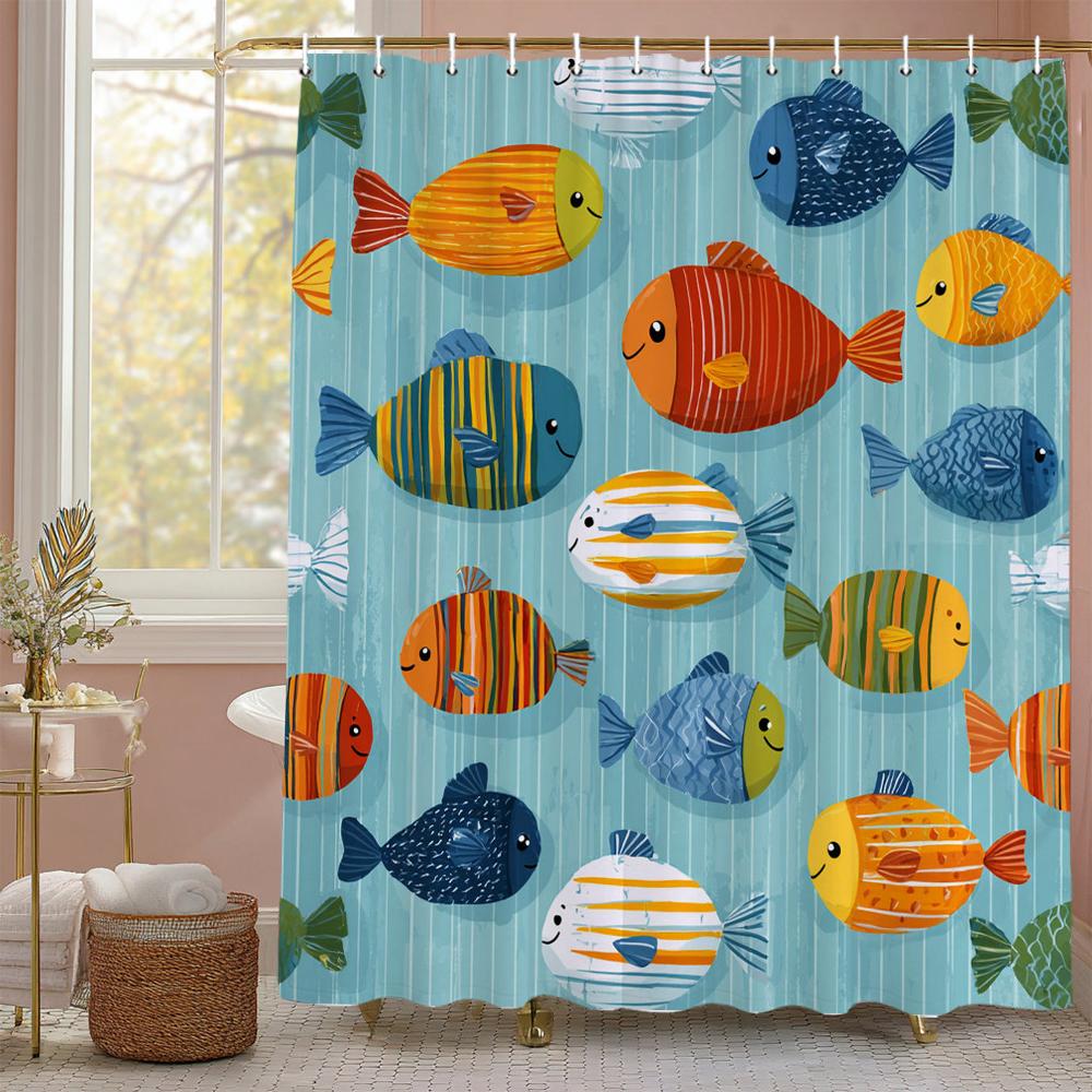 Cartoon cute fish children Shower Curtain, Bathroom Decorative Shower Curtain, Waterproof Shower Curtain with Hooks