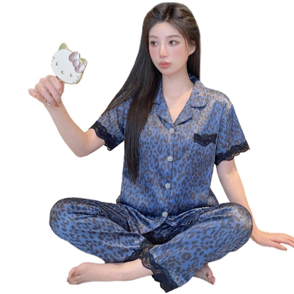 French Style Fashion Pajamas for Women, Short-Sleeve and Long Pants, Summer Thin Leopard Print Ice Silk Homewear Summer Set