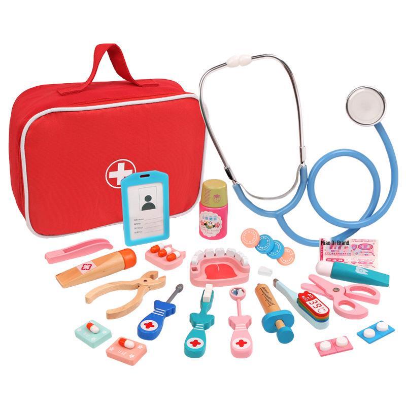 

Wooden Medical Kit Pretend Play Doctor & Nurse Toy Set for Children with Cloth Bag