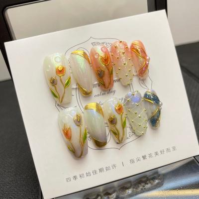 HANDMADE Artificial Nail 3D Hand-Painted Tulip Stroke Gradient Mesh Phototherapy Nails Reusable and Removable Nails