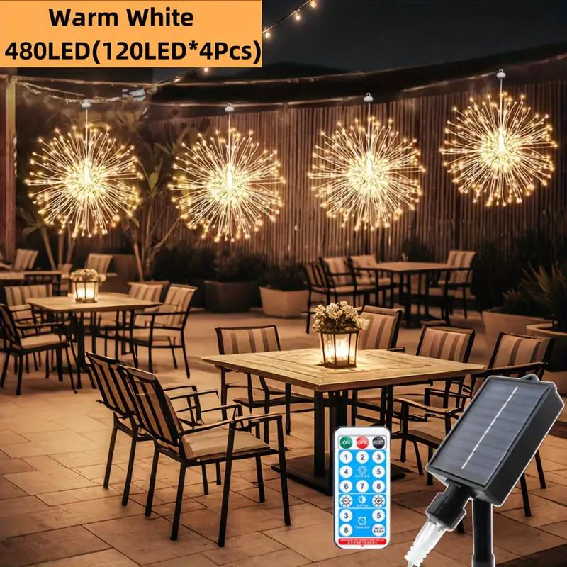 Solar-Powered Dandelion Firework LED Lights with Remote Control for Camping