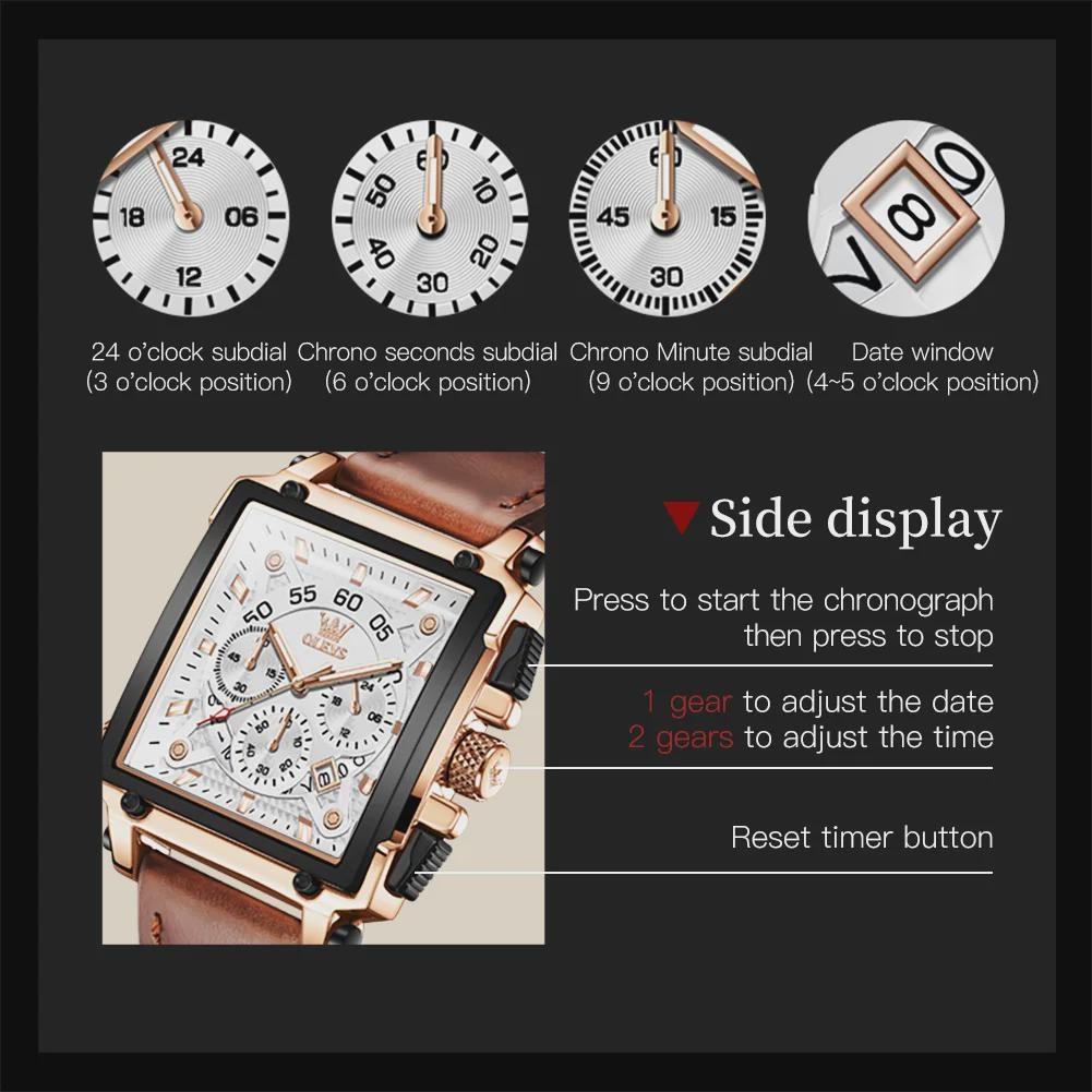 Top Brand Luxury Mens Watches Fashion Blue Square Quartz Watch for Men Sport Leather Strap Chronograph Wristwatches