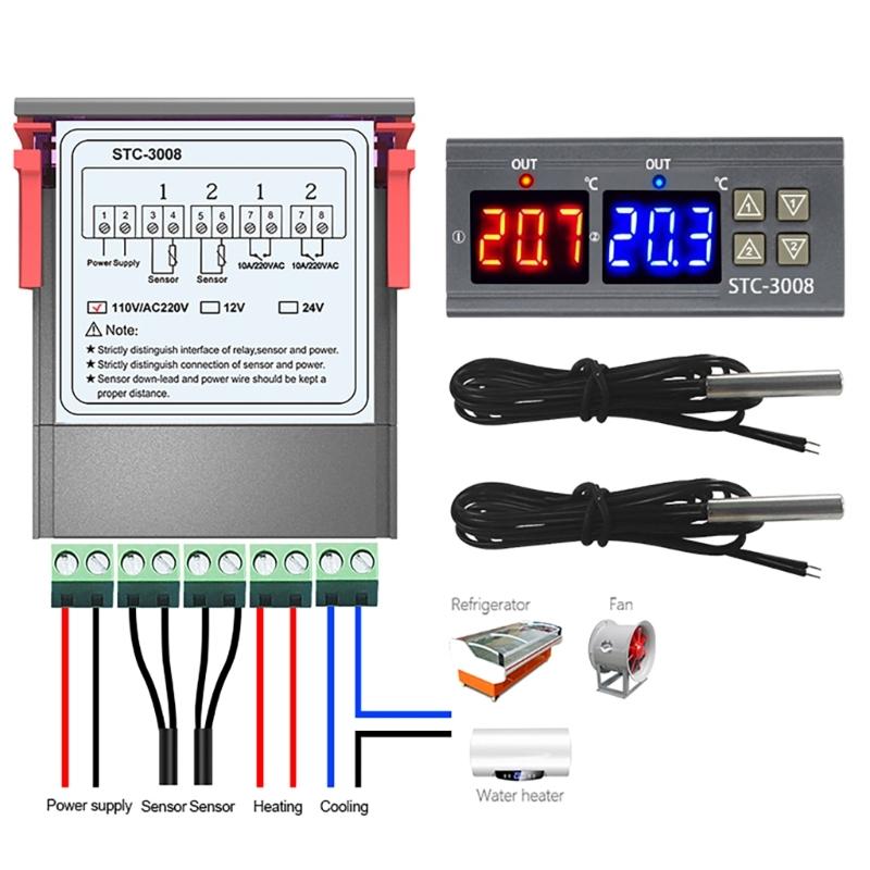 12/24/110-220V Double Probe Sensors Temperature Thermostat Controller Digital Double Display Thermostat for Refrigerator