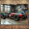 One Retro Garage Scene Background, Polyester Classic Car and Tool Wall Decoration, Car Decoration