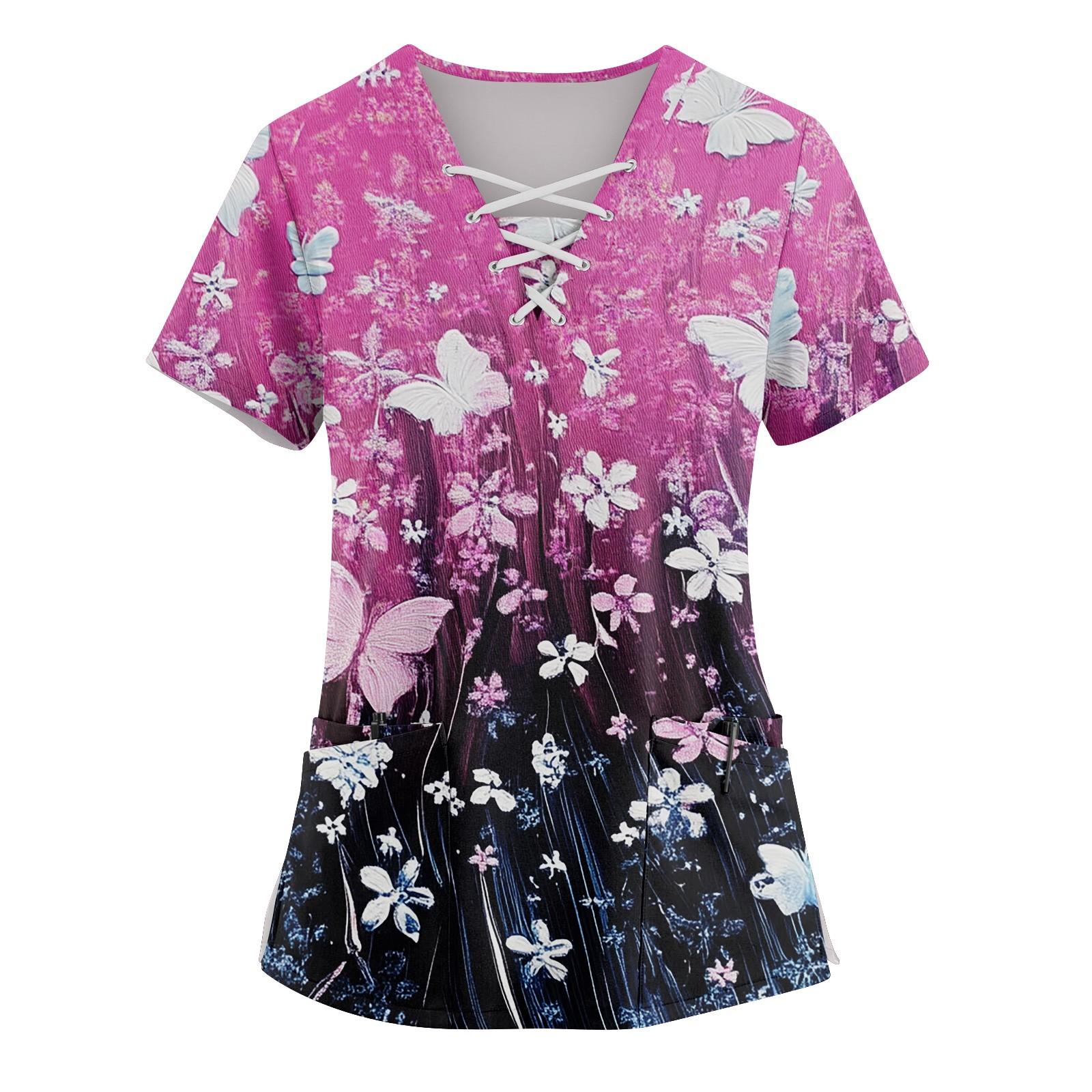 

Женский топ с короткими рукавами, V-образным вырезом, цветочным принтом и карманом L