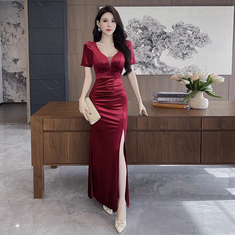 Elegant Velvet V-Neck Slit Maxi for Nightclub