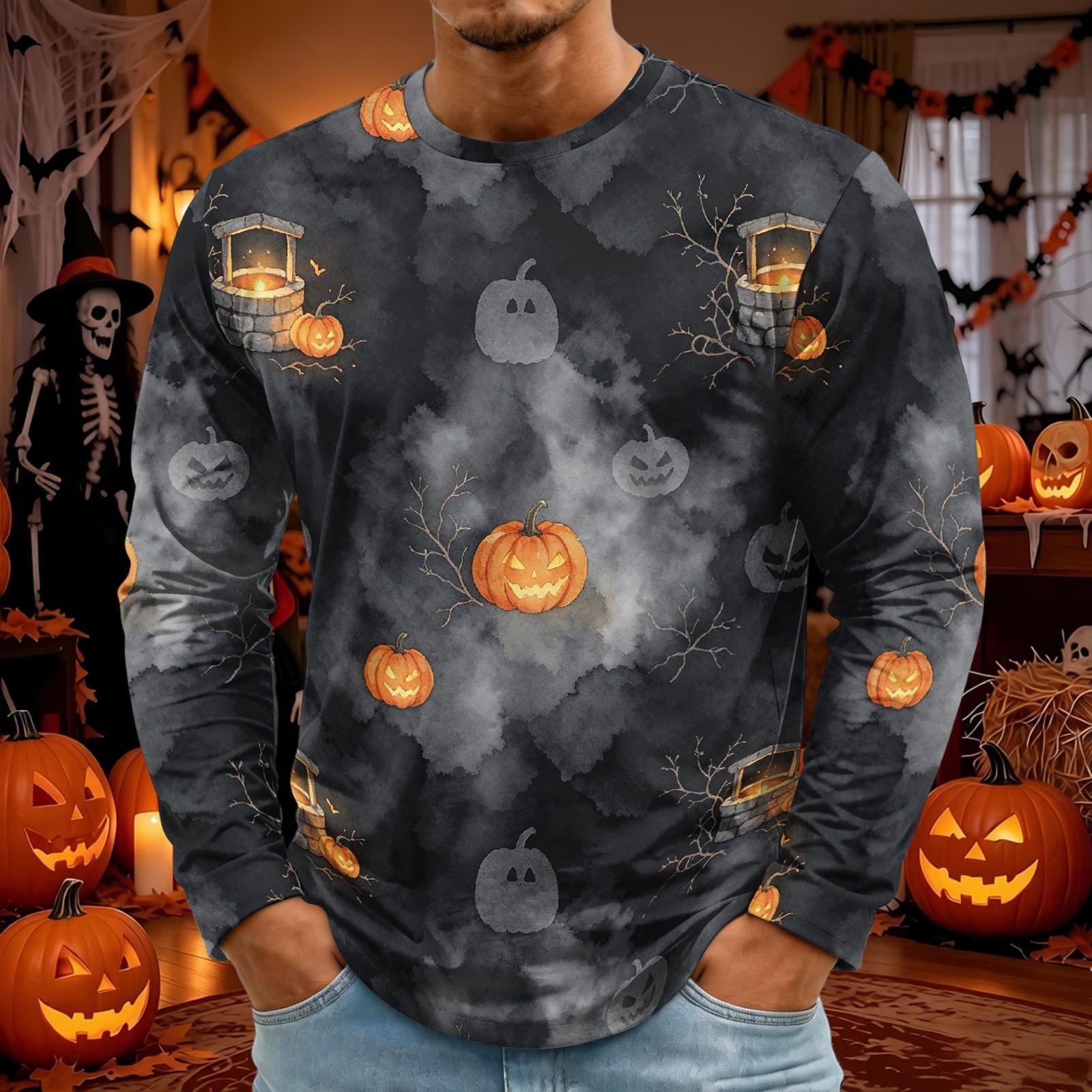Men s Halloween Print Long Sleeve Neck T-Shirt for Party and Casual Wear L